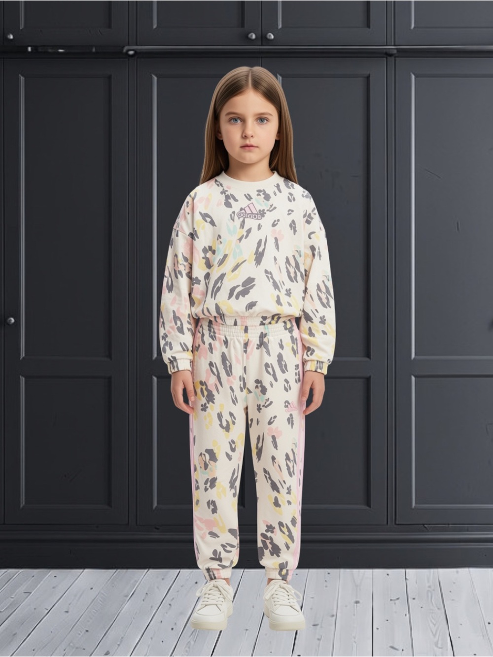 adidas Cream Leopard-Print Kids Set with Pink and Yellow Accents